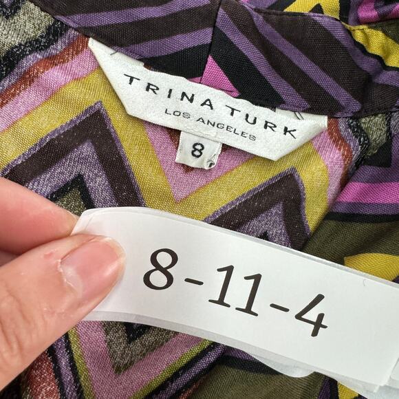 Trina Turk Dress Womens 8 Purple Green Chevron Retro Mini Silk - Picture 3 of 7
